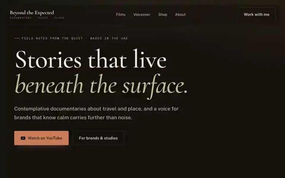 Beyond the Expected homepage, a documentary brand site with a rotating headline word