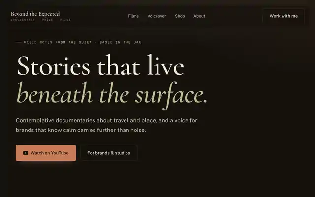 Beyond the Expected homepage, a documentary brand site with a rotating headline word