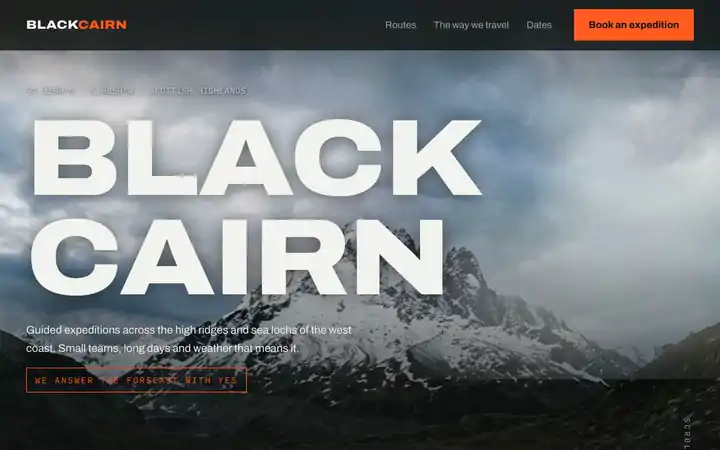 Blackcairn landing page in motion, a cinematic expedition site with a full bleed mountain hero