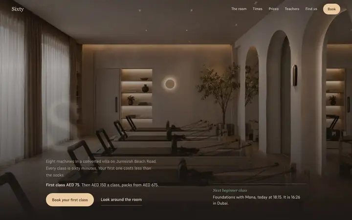 Sixty, a reformer Pilates studio concept at dusk, light moving across the room