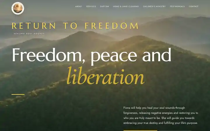 Return to Freedom homepage in motion, the headline Freedom, peace and liberation over drifting misty hills