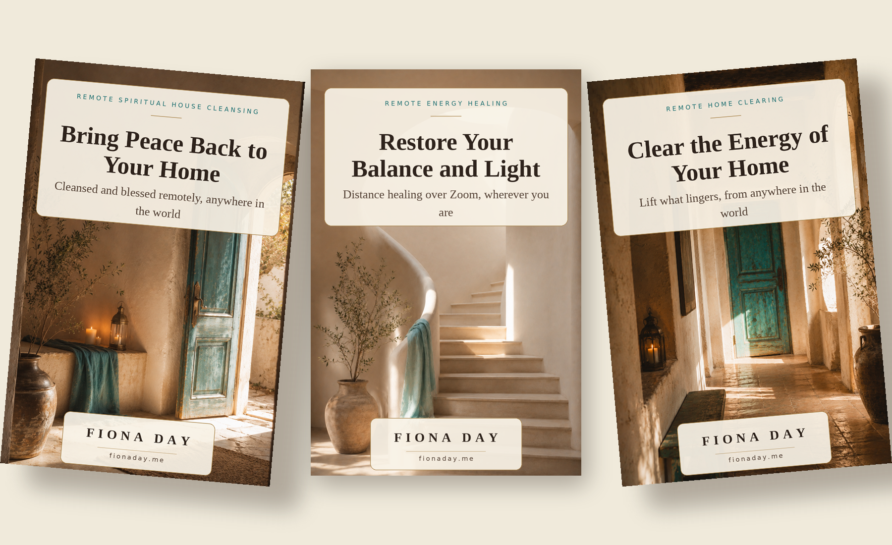 Fiona Day Pinterest pins, three remote healing posters