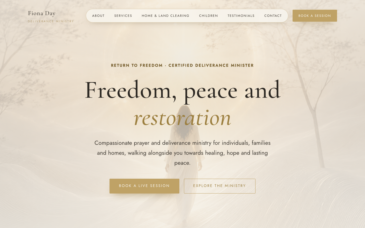 Fiona Day ministry website, a calm ivory and gold homepage
