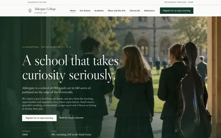Aldergate College homepage: pupils walking through the grounds under the headline A school that takes curiosity seriously