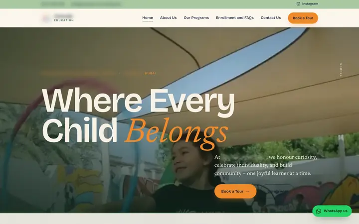 A learning centre homepage: children playing under a shade sail, with the headline Where Every Child Belongs