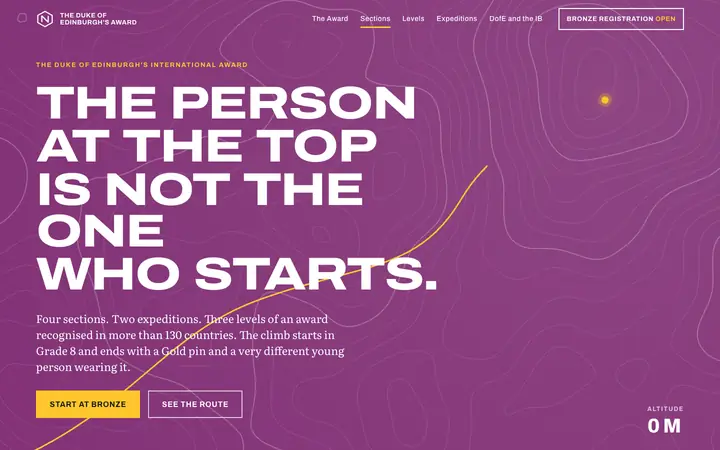The DofE microsite: a purple contour map with a yellow route drawn to a summit and the headline The person at the top is not the one who starts