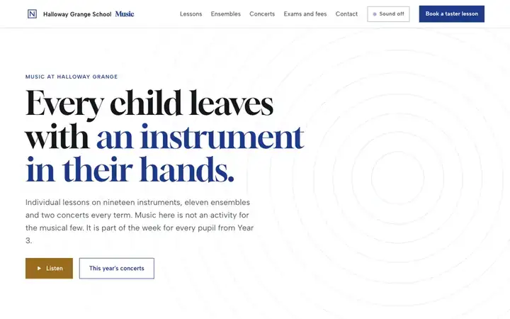 The music microsite: a white page with the headline Every child leaves with an instrument in their hands