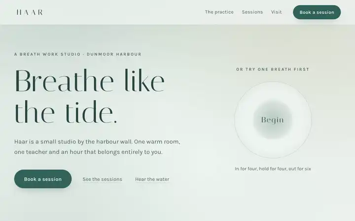 Haar landing page in motion, a calm breath work studio with a breathing circle animation