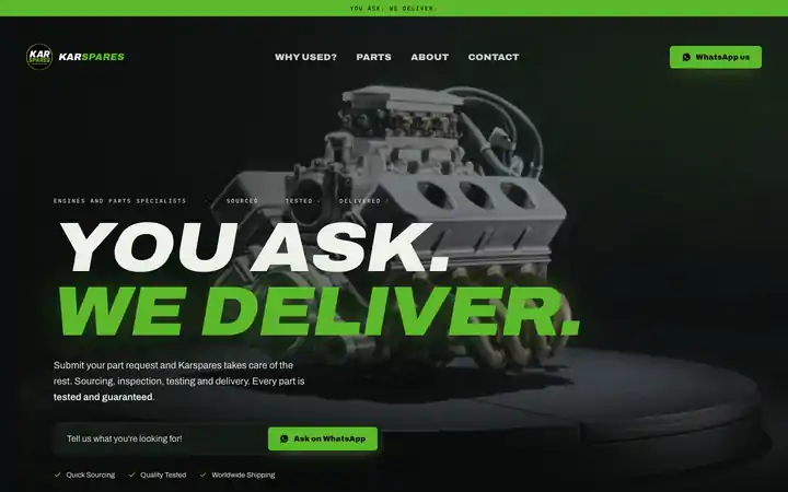 Karspares landing page in motion, the engine on its turntable turning behind the bold black and green headline