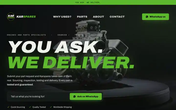 Karspares landing page in motion, a bold black and green used car parts site