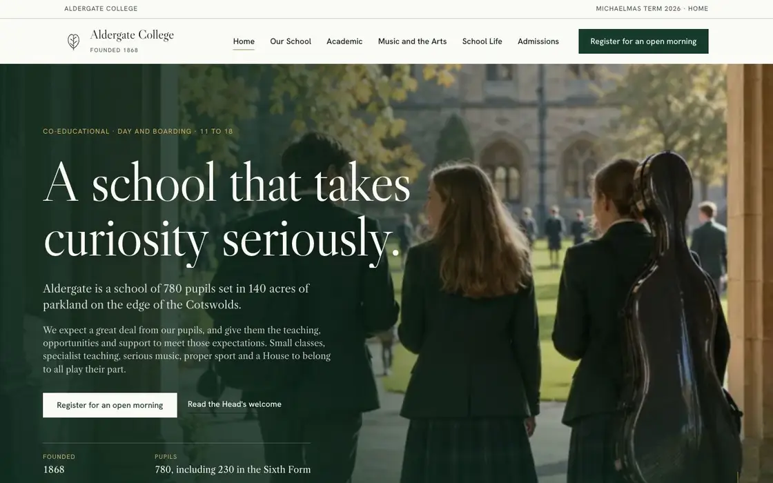 Aldergate College, a concept independent school site, its cover photograph settling as the page loads