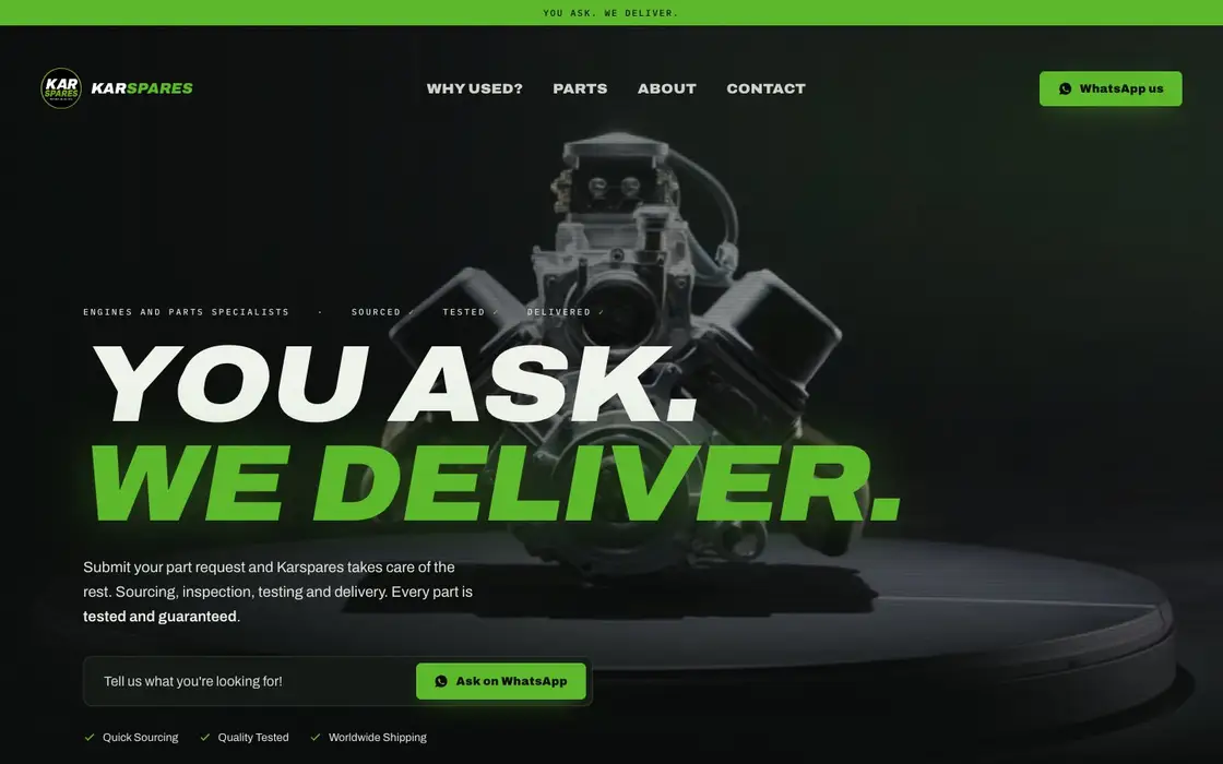 Karspares, the engine turning on its turntable behind the headline You ask, we deliver