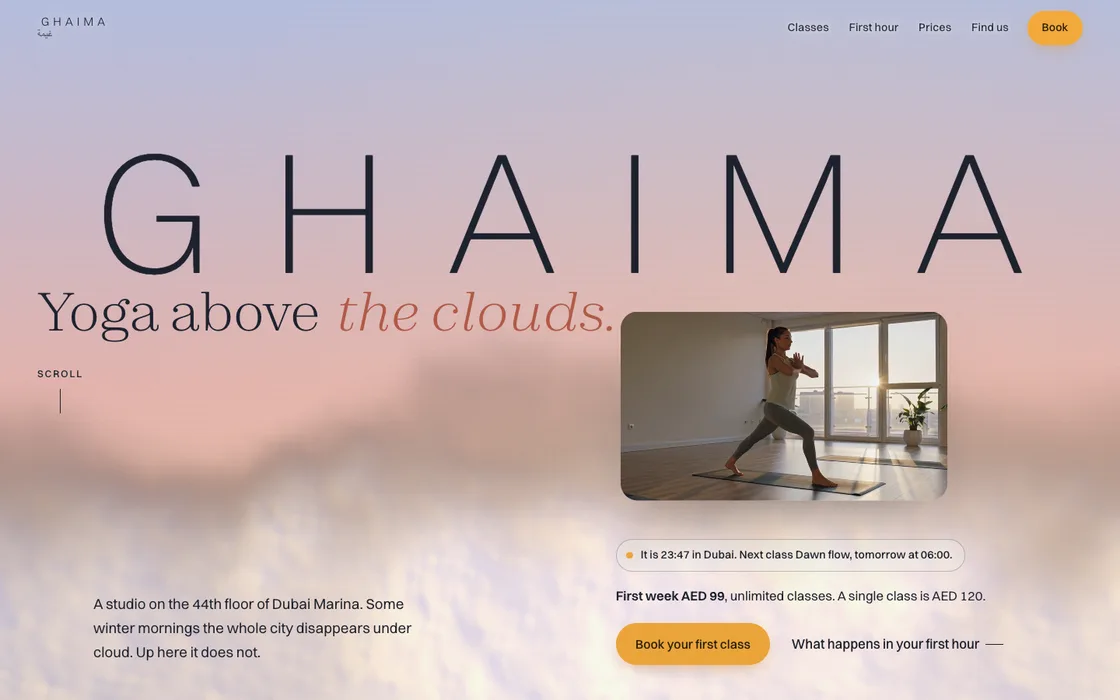The Ghaima yoga studio homepage: Yoga above the clouds, with a Book your first class button