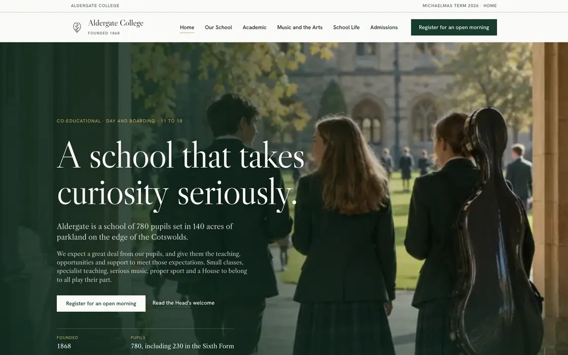 Aldergate College on a laptop: a full width photograph of pupils walking through the grounds under the headline A school that takes curiosity seriously