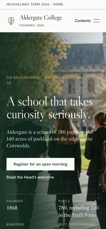 Aldergate College on a phone, the page moving through the school's day