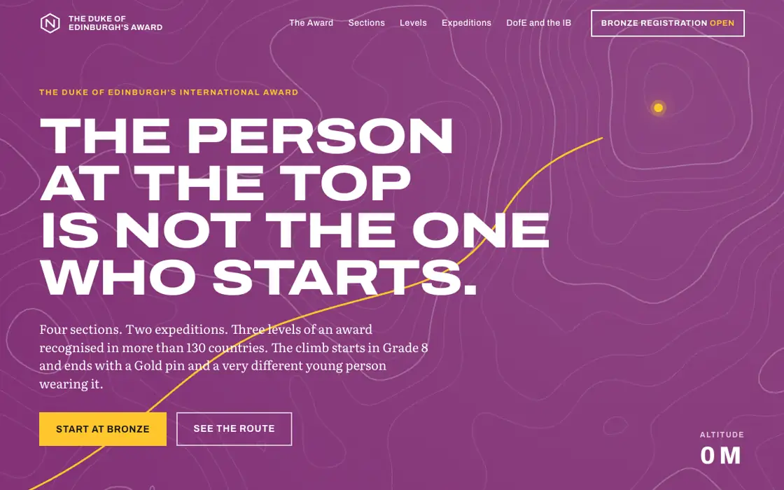 A DofE microsite, a purple contour map with a yellow route drawn to a summit and the headline The person at the top is not the one who starts