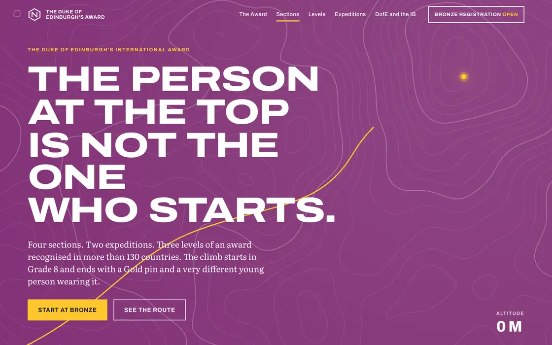 The DofE microsite on a laptop: a purple contour map with a yellow route drawn to a summit and the headline The person at the top is not the one who starts