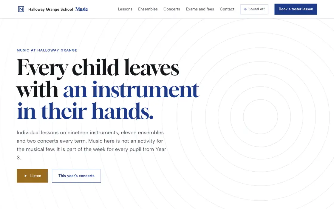 The music microsite on a laptop: a white page with the headline Every child leaves with an instrument in their hands and a melody drawn on a stave