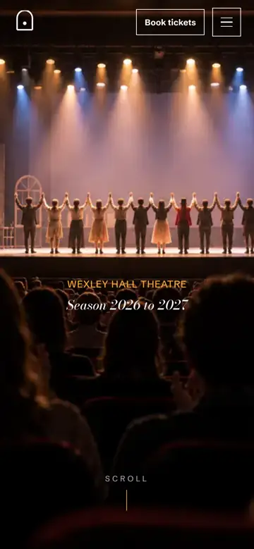 The theatre microsite on a phone, the auditorium going dark while the stage stays lit and the season title comes up