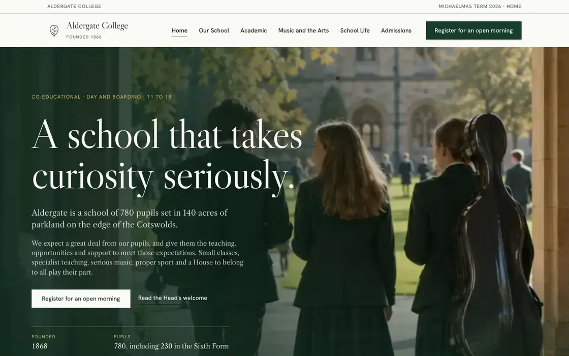 The Aldergate College homepage: pupils walking through the grounds under the headline A school that takes curiosity seriously