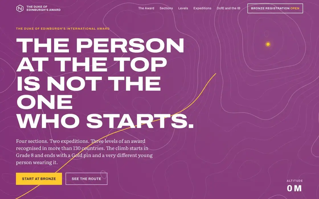 The DofE microsite: a purple contour map with the headline The person at the top is not the one who starts