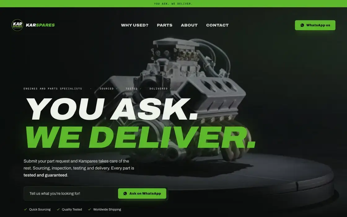 The Karspares homepage: You ask. We deliver. with a part request box that goes to WhatsApp