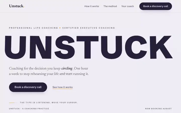 Unstuck landing page in motion, a minimal coaching site with kinetic type that reacts to the cursor