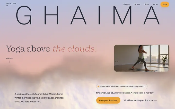 Ghaima yoga studio concept in motion, fog and a dawn sky drifting behind the name
