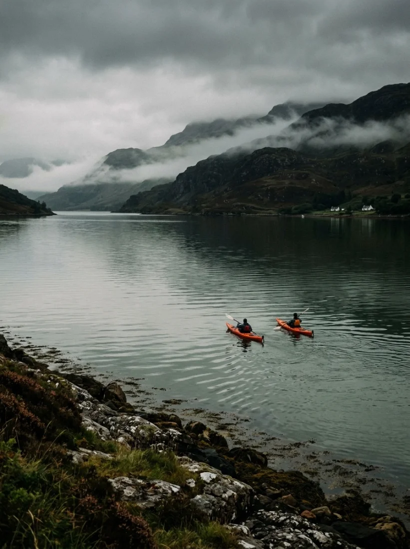 Two orange sea kayaks setting off up a still grey loch with cloud low on the hills