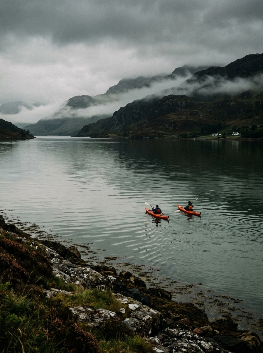 Two orange sea kayaks setting off up a still grey loch with cloud low on the hills