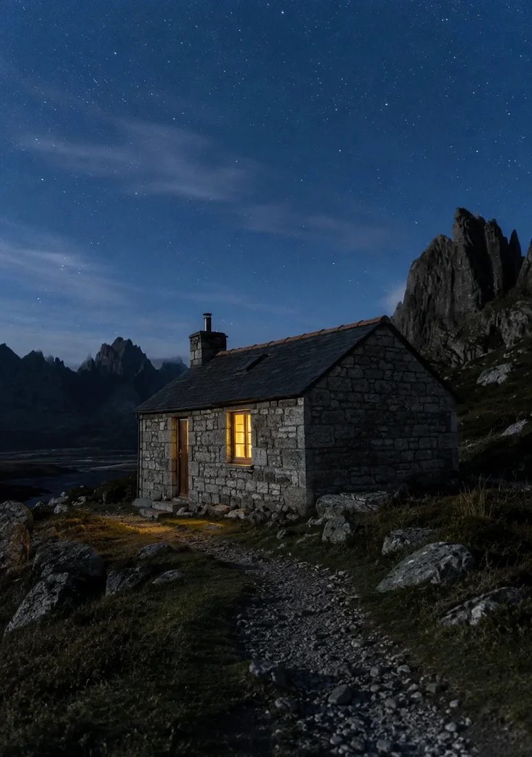 A stone bothy with one lit window at night, a stony path leading in and jagged peaks behind