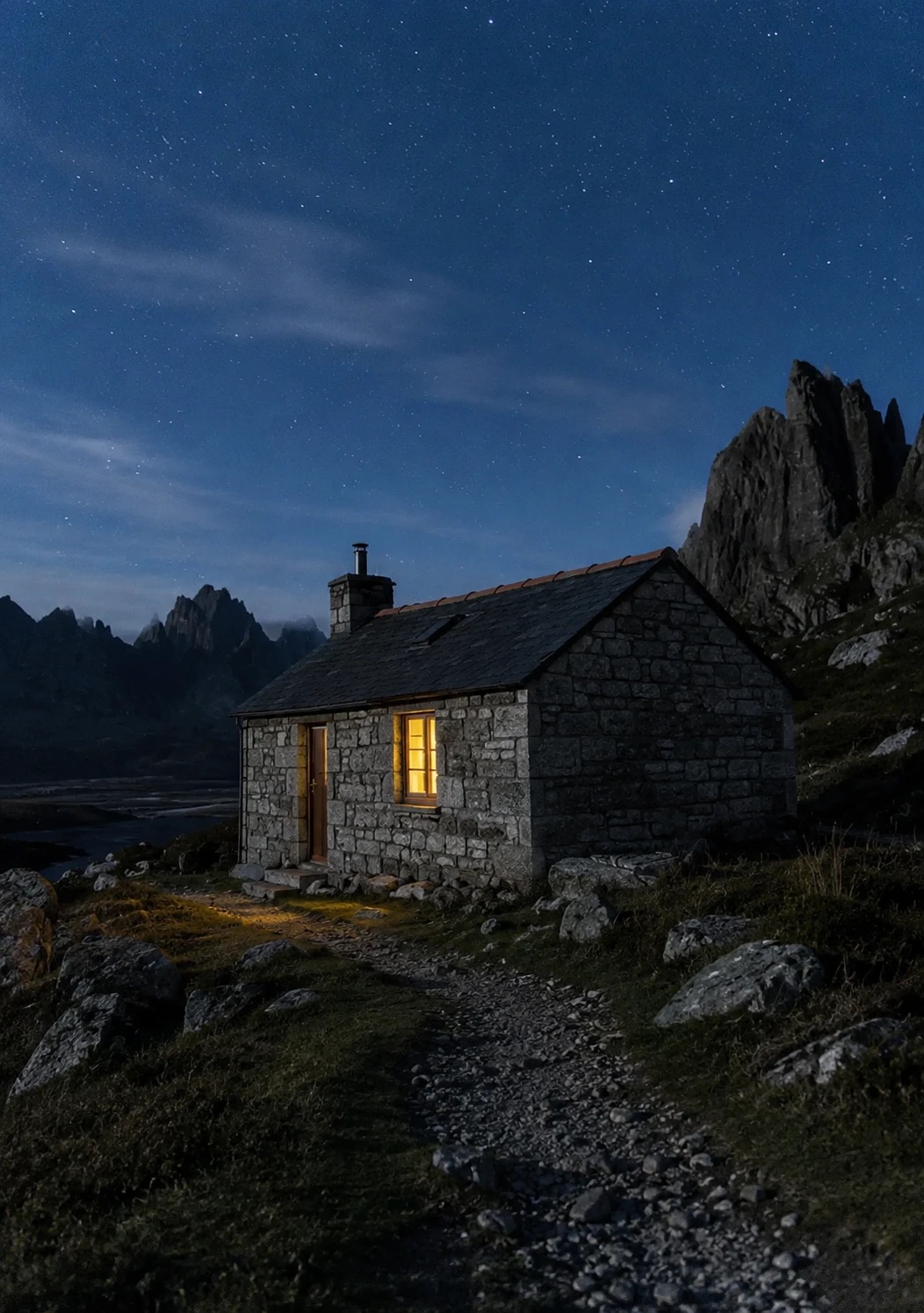 A stone bothy with one lit window at night, a stony path leading in and jagged peaks behind