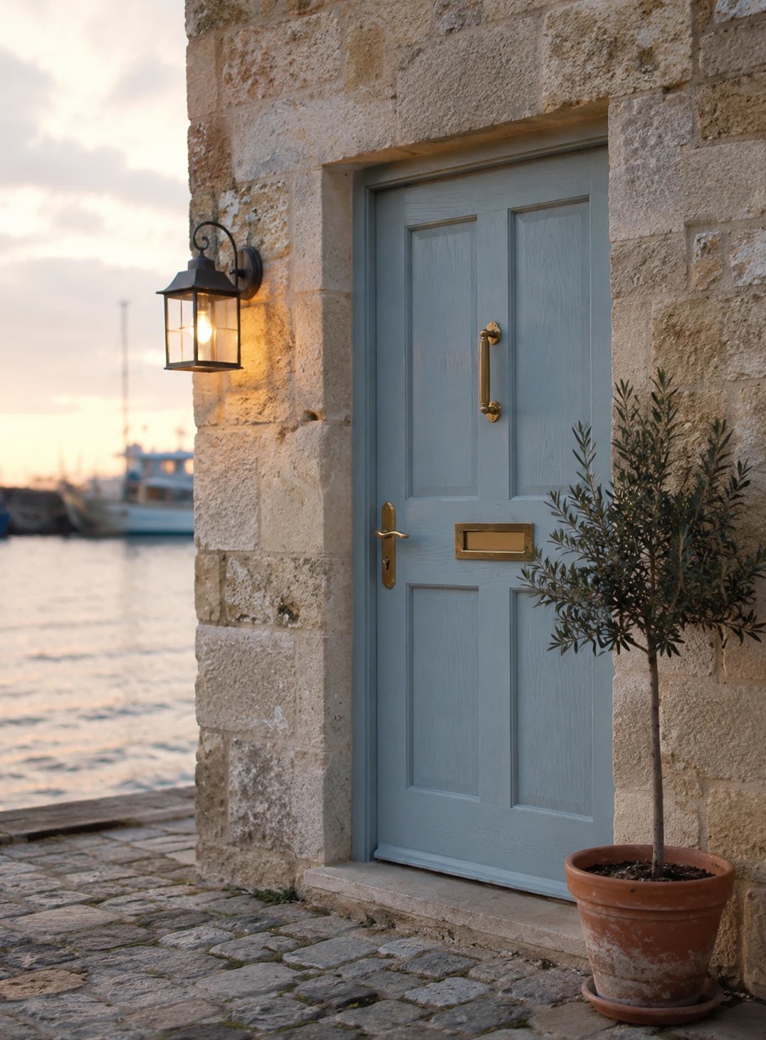 The pale blue studio door on Harbour Lane at dusk, lantern lit, boats on the water behind