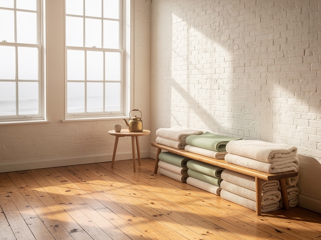 The studio room, wooden floor, folded wool blankets and fog light through tall windows