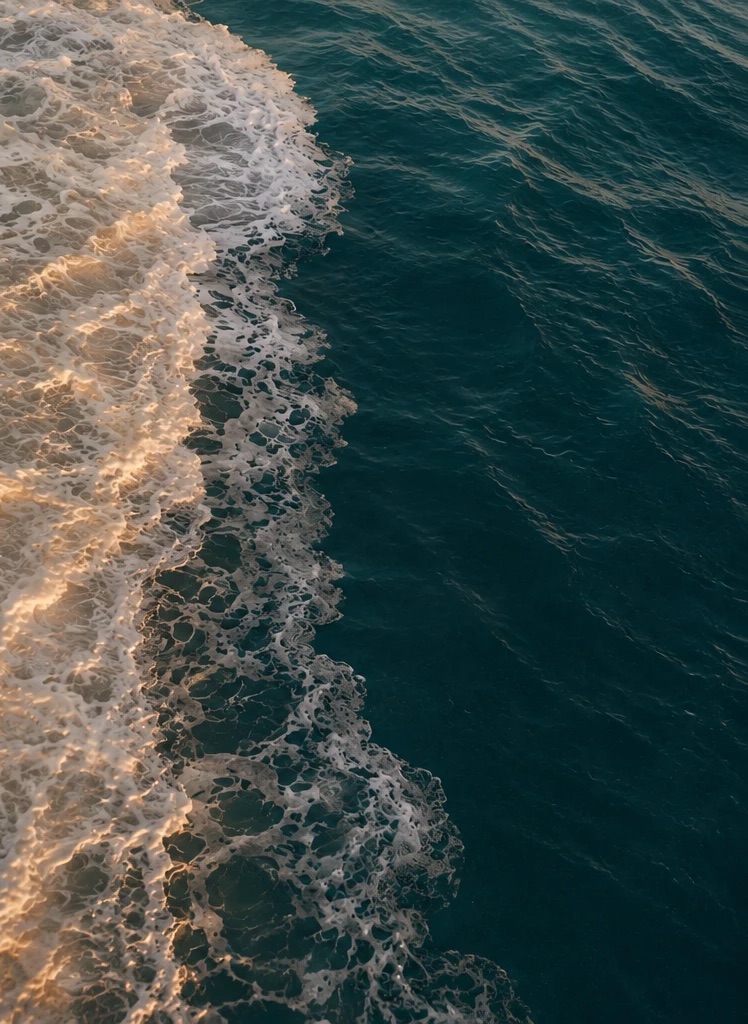 The edge of the tide seen from above, foam curling over deep green water